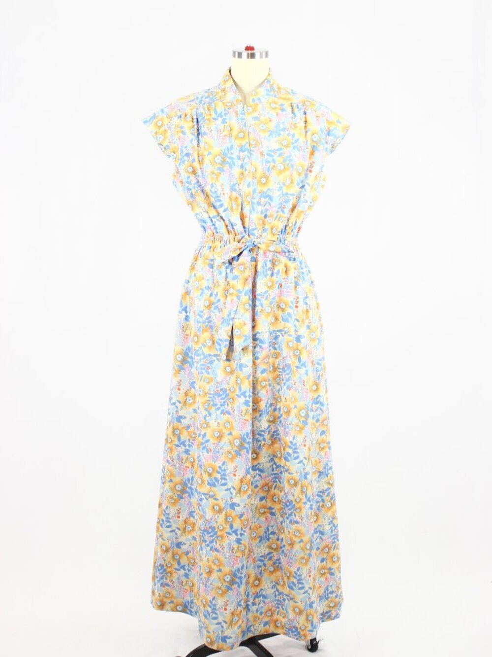 Vintage 70's CONRAD Retro Blue Orange Hippie Floral Belted Maxi Dress, Size L